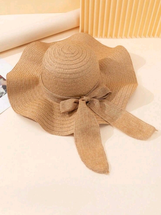 Khaki Raffia Woven Wide Brim Foldable Sun Hat with Bow main image 9